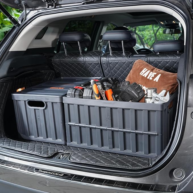 VEVOR 65L Collapsible Storage Bins with Lids 3 Packs, Stackable Utility Crates with Handles, Large Folding Containers for Organizing Tools, Books, Food, Drinks, Camping&Transport - Image 8