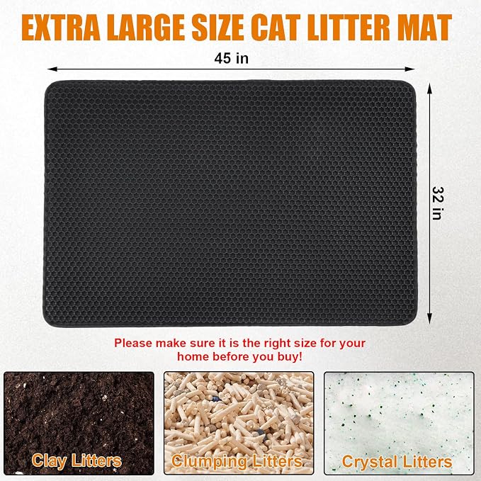Cat Litter Mat - Extra Large XL 45"x32" Cat Litter Trapping Mat,Honeycomb Double Layer Traps Litter,Washable & Urine Proof,Non-Toxic,Soft EVA Litter Box Mat for Multi-Cat Homes(Black) - Image 2