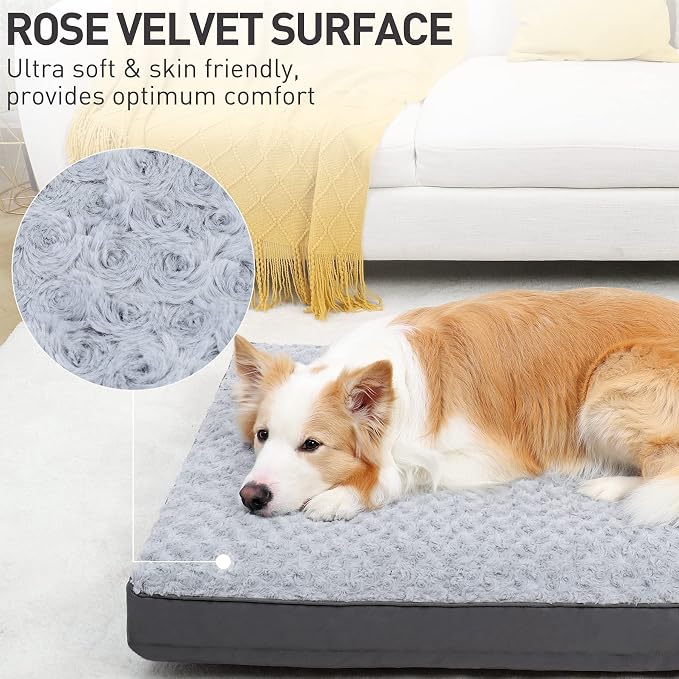 KSIIA Washable Dog Crate Bed Waterproof for Large Dogs,35x22 in,Light Gray | 3in egg crate foam,orthopedic support,Soft rose velvet,3ply waterproof fabric,removable cover,anti-slip base,washable - Image 2