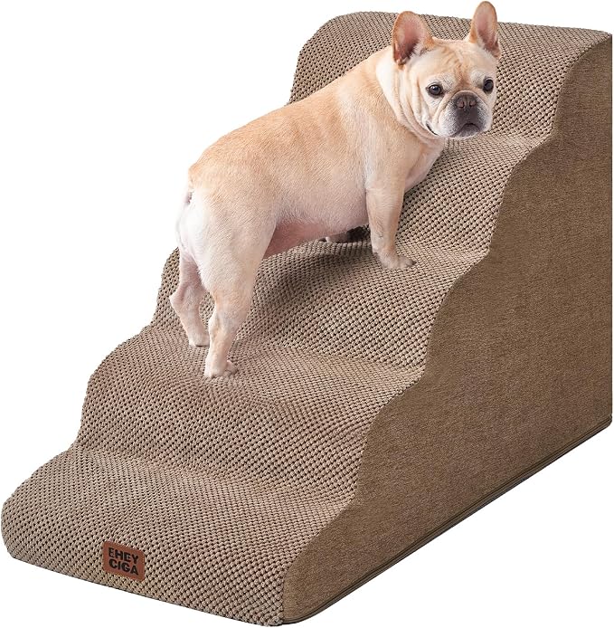 EHEYCIGA Curved Dog Stairs Ramp for High Beds, 5-Step Extra Wide Dog Steps for Small Dogs and Cats, Pet Stairs for High Bed Climbing, Non-Slip Balanced Pet Step Indoor, Camel by EHEYCIGA