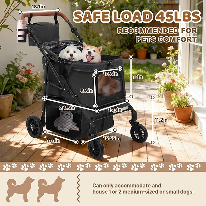 Dog Stroller for 2 Dogs, Pet Stroller for 2 Small Dogs, 360°All-Terrain 4-Wheel Cat & Dog Stroller, Adjustable Handle & Canopy, Cup Holder, Storage Organizer, Foldable & Ventilated (Black)