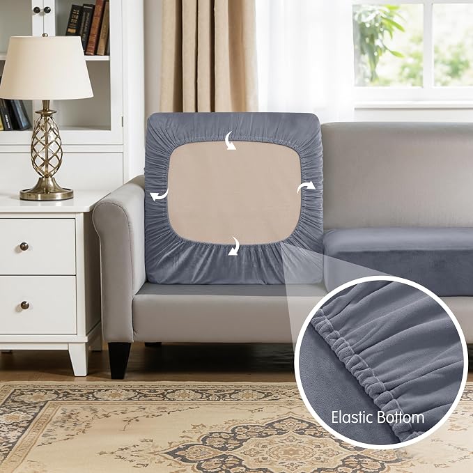 Hokway Velvet Couch Cushion Covers Water Resistant Seat Covers Stretch Sofa Cushion Protector(Small-3PC, Grey) - Image 5