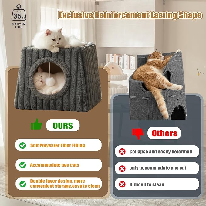 Dogpals Indoor Cat House - Large Cat Cave Bed with Fluffy Balls, Foldable Cat Bed Cave and Apartment with Pads, Suitable for Multiple Small and Large Cats, 18.5x15.4x15.4inches (Deep Grey, XL) - Image 2