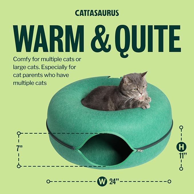 Cattasaurus Peekaboo Cat Cave Donut for Multiple & Large Cats up to 30-45 lbs, 3-in-1 Self Warming Cat Bed, Tunnel & Scratcher for Indoor Cats, Washable & Detachable Dog Bed (Forest Green, Large) - Image 2