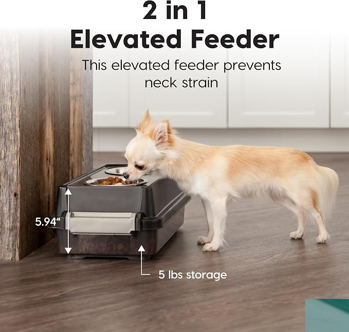 IRIS USA Elevated Dog Bowls with Storage, 6" H Raised Feeding Station, Dog Bowl Stand with Airtight Food Storage Holds 5 lbs, 4 Removable 16 oz Stainless Steel Food and Water Bowls, Smoke/Black - Image 5