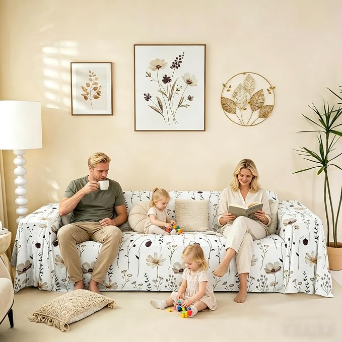 Erosebridal Watercolor Floral Couch Cover Brown Beige Flower Sofa Cover Modern Minimalist White Couch Protector 71" X 118" Rustic Farmhouse Washable Non Slip Sofa Protector for Couches and Sofas by Erosebridal
