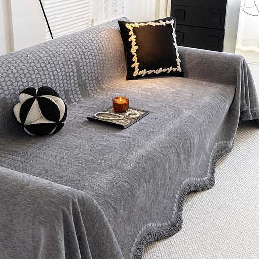 ROOMLIFE Gray Couch Cover Boho Sofa Covers for 3 Cushion Couch Washable, Furniture Protector Sofa Couch Cover for Dogs, Soft Chenille Sofa Slipcover, Couch Throw Blankets with Tassels 71 '' X 134'' by ROOMLIFE