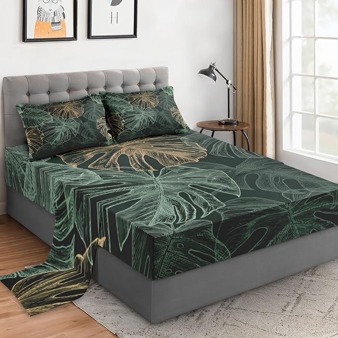 WeCozy Queen Size Bed Sheet Sets with Pillowcases, Green Golden Tropical 4 Pcs Soft Microfiber Bedding for Kids and Adults, Leaves Monstera Palm Flat, Fitted Sheet for Bedroom Bed Decor by WeCozyHomeDecor