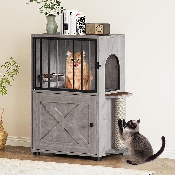 Dog Proof Cat Feeding Station, Dog Proof Cat Feeder, Cat Food Table, Gray | Cat Feeding Station with Scratching Post, Elevated Cat Food Bowls with Stand, Pet Food Storage Cabinet, Cat House - Image 2
