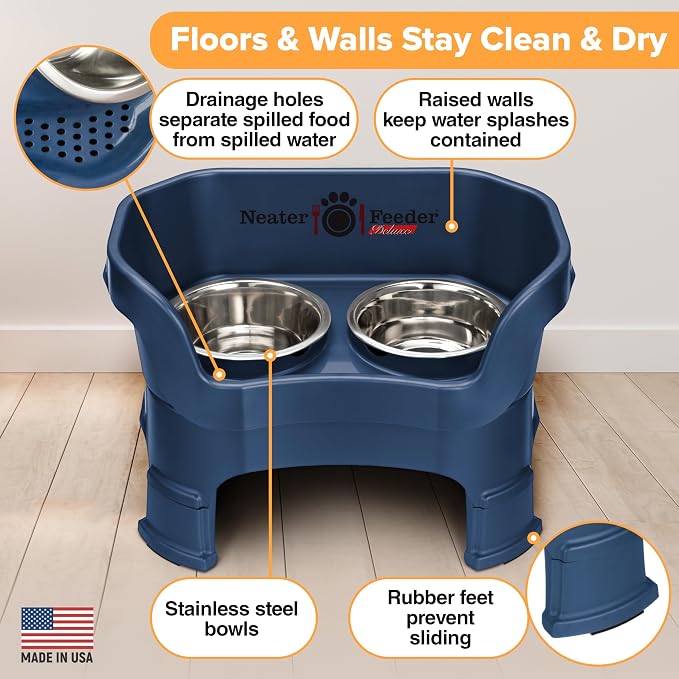 Neater Feeder Deluxe Mess-Proof Elevated Dog Bowls for Medium Dogs (19–40 lbs), 2 Height Adjustable (10” & 12.5”) No-Spill Raised Dog Bowl Stand, Stainless Steel Food Bowl Set, Made in USA, Dark Blue - Image 5