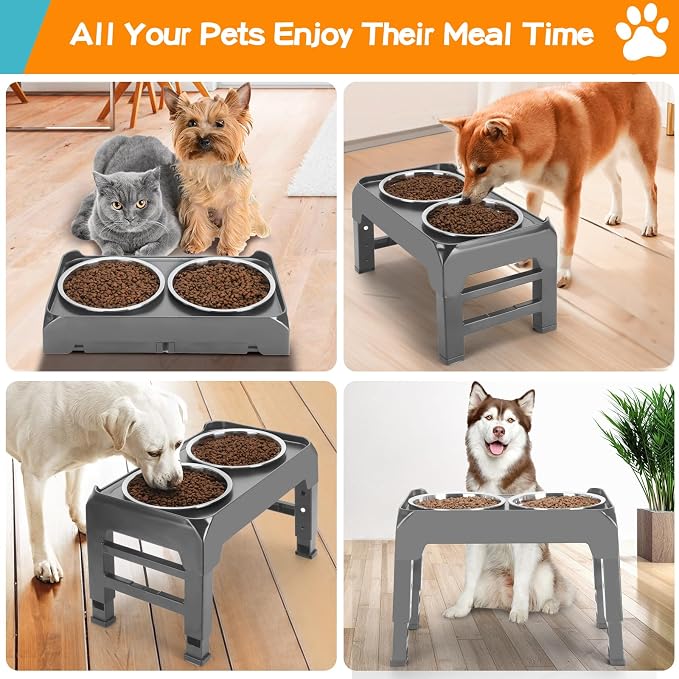 Elevated Bowls, 4 Height Adjustable Raised Stand With 2 Thick 50oz Stainless Steel Food Bowls, Non-Slip Feeder for Large Medium Dogs, Adjusts to 3.7", 9.2", 10.75", 12.36" Grey - Image 5