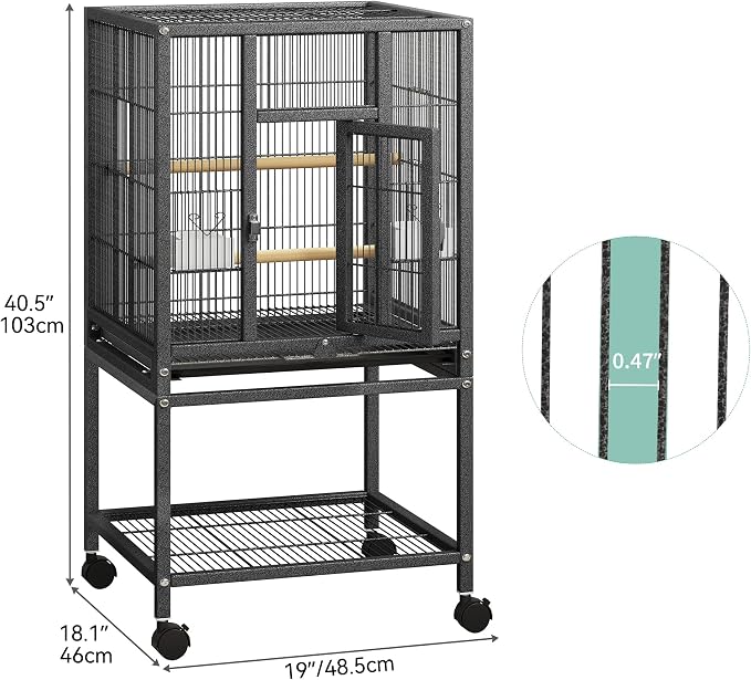 YITAHOME 41 inches Metal Bird Cage for Parakeets: Large Parrot Cages with Tray, Food Boxes, and Wooden Perches with Rolling Stand & Brakes for Lovebirds Cockatiels Pigeon Finches, Black | Large Parrot Cages with Tray, Food Boxes, and Wooden Perches wit... - Image 2