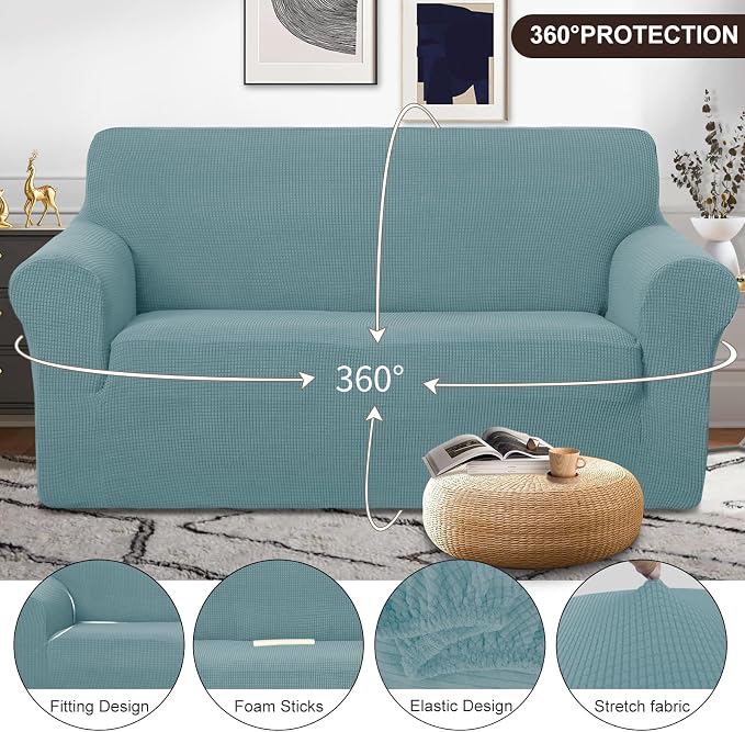 U-NICE HOME Oversized Stretch Loveseat Couch Cover, Light Blue | 2 Cushion Sofa, 1-Piece Sofa cover, Washable, Pet friendly, Furniture protector, Polyester Spandex Jacquard fabric - Image 3