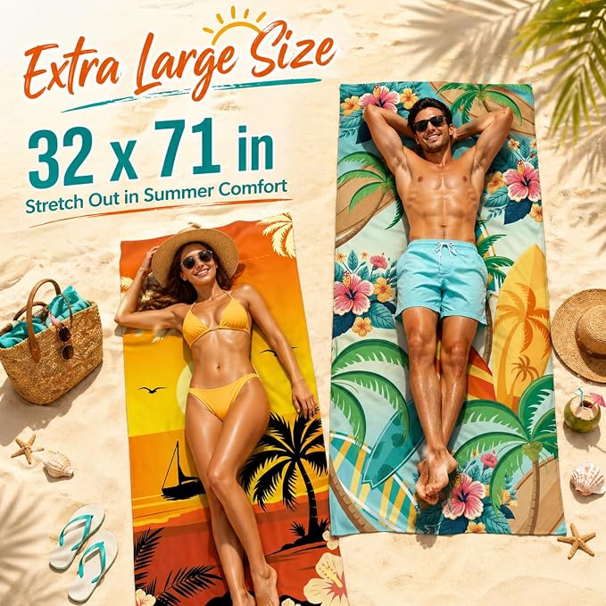6 Pack Microfiber Beach Towel Set 32x71 Oversized Extra Large Swim Pool Towel Soft Fiber Beach Towels Set Bath Blanket for Summer Travel Spa Swim Pool Accessories Vacation Essential Gift(Hawaii) - Image 2