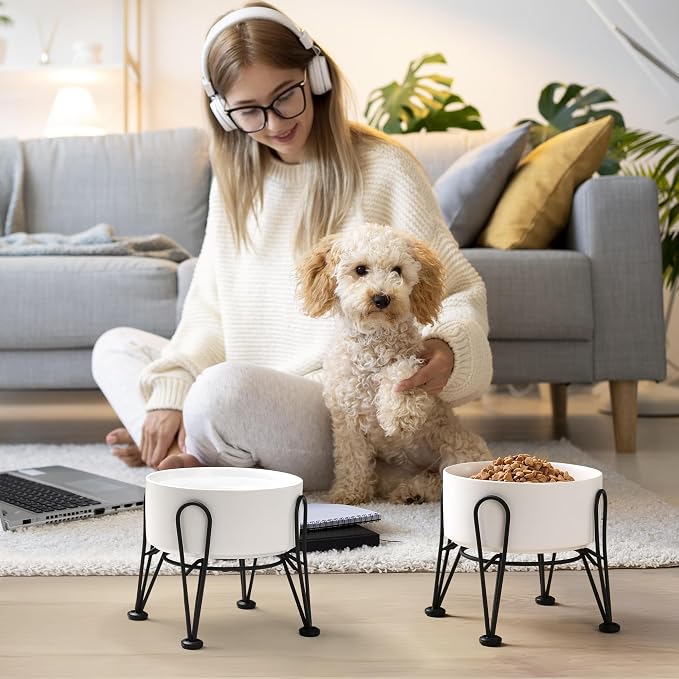 Elevated Dog Bowl, Ceramic Raised Dog Bowl with Anti-Slip and Non-Tip Metal Stand, 1 Pack Pet Food and Water Feeding Bowls for Small and Medium Dogs (White,3.6 Cups) - Image 6