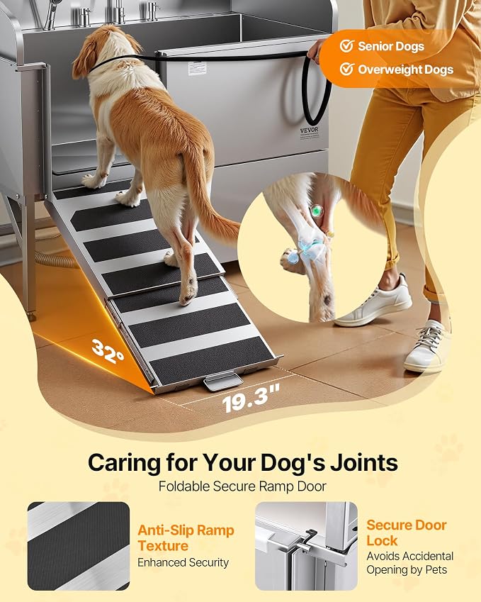 VEVOR Professional 304 Stainless Steel Dog Bathing Station, 61 inch Pet Grooming Tub w/Anti-Slip ramp, Storage Drawer, Cold Hot Faucet Showerhead, for Large & Medium & Small (Left Door, with Drawer) - Image 4