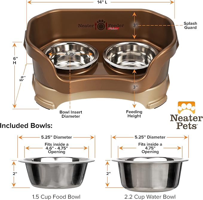 Neater Pet Brands Neater Feeder Deluxe Mess Proof Dog Bowls Elevated for Small Dogs Under 19 lbs, Made in USA, No Spill Raised Dog Food Bowl Stand Feeding Station, Food and Water Bowl Set, Bronze - Image 6