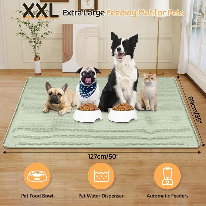 Dog Food Mat 50''x35'' Extra Large Dog Mat for Food and Water, Green | Silicone Dog Bowl Mat with Raised Edge, Waterproof Non-Slip Pet Feeding Mat for Floors, fit for Dog Cat Bowls - Image 2