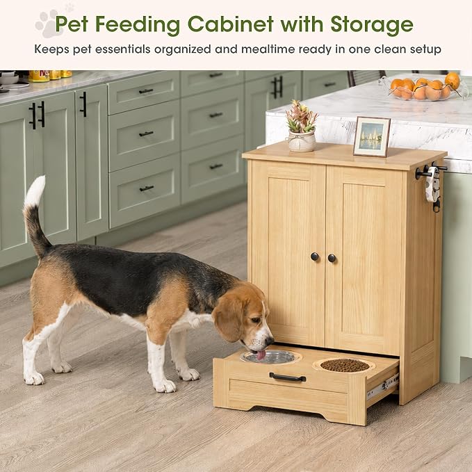 Dog Cabinet, Dog Feeding Station with Hidden Pull-Out Feeder, Oak | 5.9" Elevated Feeding Height, 2 Stainless Steel Bowls, Adjustable Shelf, 3 Side Hooks, Dog Food Storage Organizer - Image 7