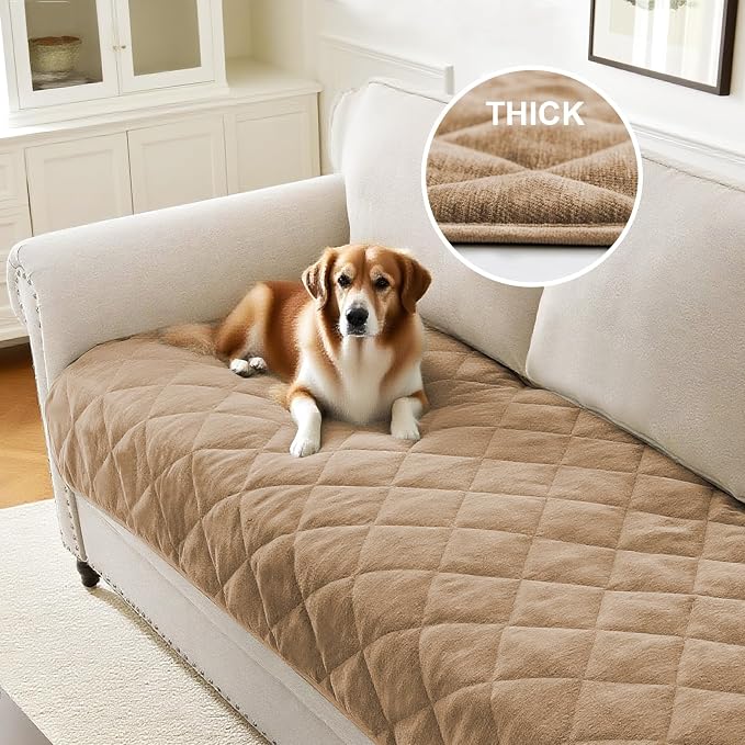 PrinceDeco Couch Covers for Dogs Chenille Sofa Covers for 2 Cushion Washable Quilted Checkered Fuzzy Pet Couch Cover Soft Couch Protector Non-Slip Sofa Pads for Puppy Cat Kids(34.5" x 60", Khaki) - Image 2