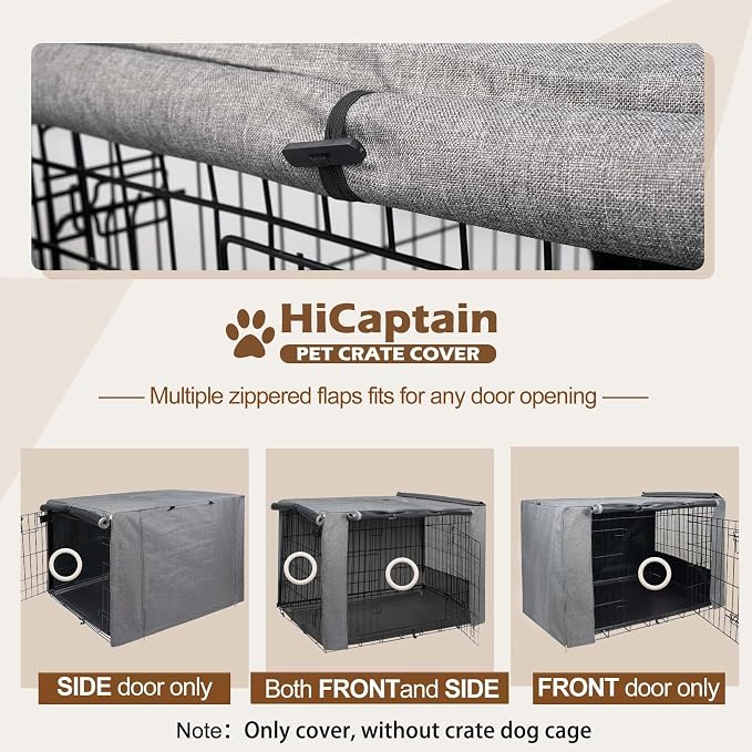 HiCaptain Breathable Dog Crate Cover 42 Inch, Durable Heavy Duty Kennel Cover, Dual Zippered Panels, Windproof Waterproof UV-Resistant(Grey) - Image 4