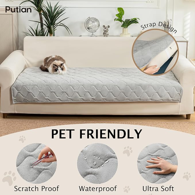 PuTian Waterproof Couch Cover for Dogs, Slip Straps, 36"X83", Light Gray | Washable Sofa Cover，Pet Friendly Couch Protector & Dog Mat, Waterproof Furniture Guard for Sofas, Loveseats & Sectionals - Image 2