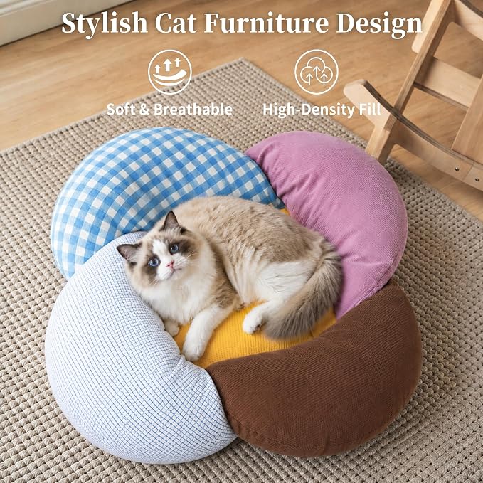PACHIRA Elevated Cat Bed Wooden, Cat Couch Fluffy, Cat Sofa Flower for Indoor Cats, Raised Cat Bed with Washable Fluffy Cushion and Birch Wood, Cat Chair for Kitty and Puppy, Cat Furniture (Colored) - Image 2