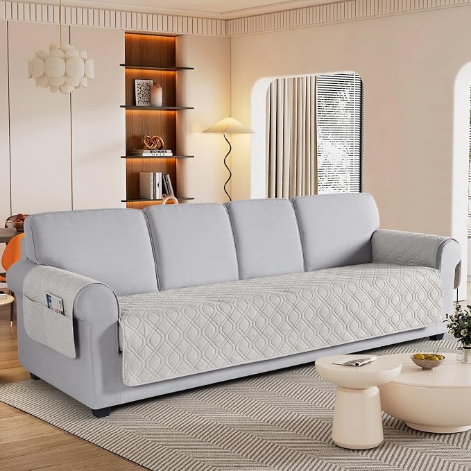 VANSOFY Waterproof Oversized Couch Cover for Pets, Off White, 72.4" | Non-Slip, Washable, Utility Pockets, Pet Friendly, Furniture Protector Slipcover for 4 Cushion Couch - Image 2