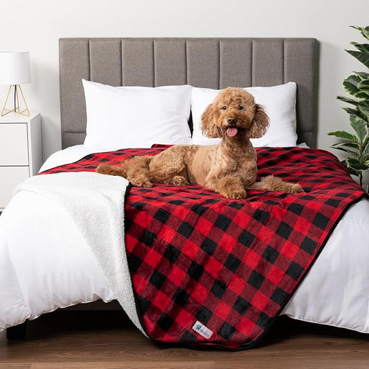 PETAMI Sherpa Fleece Waterproof CAT and Dog Blanket, Checkered RED, Queen by PetAmi