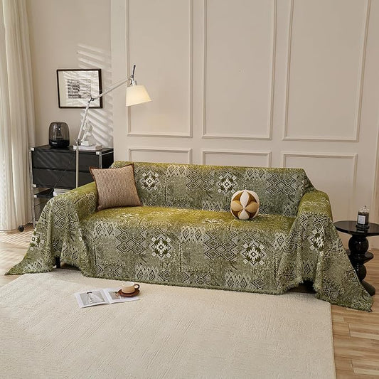 DREAMINGO Dark Green Couch Protector Boho Sofa Covers for 2 Cushion Couch Geometric Jacquard Soft Chenille Furniture Cover for Dogs Washable Vintage Sofa Slipcovers for Sectional, 71"x118" by DREAMINGO