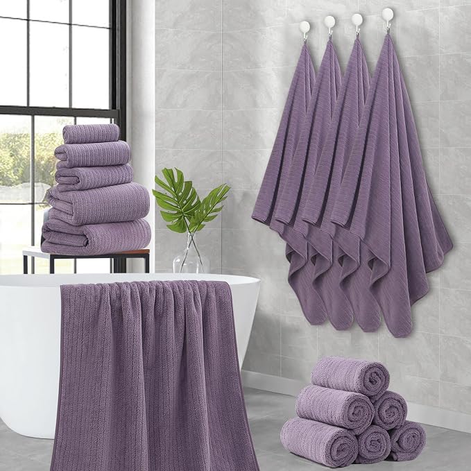 18 Piece Family Bath Towel Set Include 6 Bath Towels,6 Hand Towels and 6 Washcloths Soft Bathroom Towel with Hanging Loops,Highly Absorbent Quick Dry Towels Set for Bathroom,Hotel and Spa-Dark Purple - Image 8
