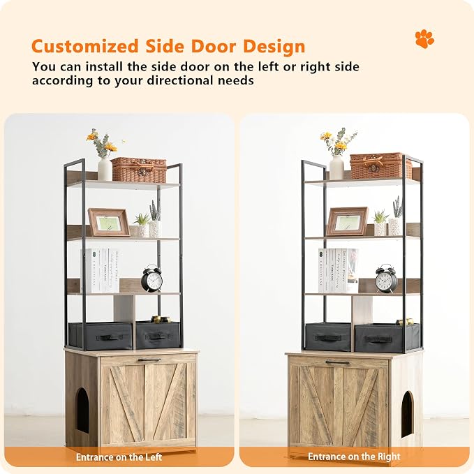 Dwanton Litter Box Enclosure with 3 Storage Shelves and 2 Drawers, 2-in-1 Hidden Cat Litter Box Enclosure Furniture with Shelf, Reversible Entrance, Washable Drawers, 61.8-Inch, Greige - Image 3