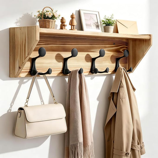 SKOLOO Wall Shelf with Hooks, 24-Inch Coat Rack Wall Mount with Shelf Organizer - Heavy Duty, 4 Tri Hooks - Perfect for Entryway, Hallway, Living Room, Bedroom, Mudroom, Wood Brown & Black by SKOLOO