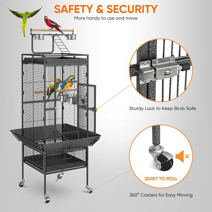 SUPER DEAL PRO 61-inch 2in1 Large Bird Cage with Rolling Stand Playtop Parrot Chinchilla Finch Cage Macaw Conure Cockatiel Cockatoo Pet House Wrought Iron Birdcage, Black - Image 3