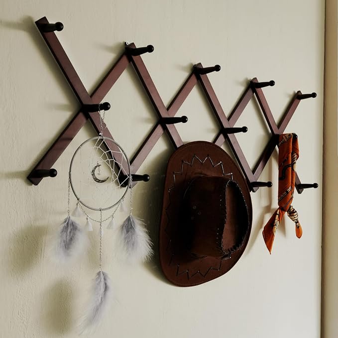 SKOLOO Hat Rack for Wall with 14 Hooks, Solid Wooden, Modern, Expandable Coat Rack Wall Mount for Coats, Hats, Bags, Baseball Caps, Cherry Red - Image 2