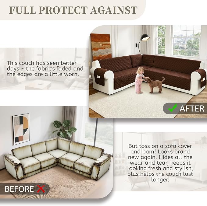 Sectional Couch Covers for Dogs 100% Waterproof Corner L Shaped Sofa Cover Pet Friendly Velvet Washable Anti Slip L Shape Modular Sofa Slipcover Protector with Pockets (Dark Coffee, X-Large) - Image 7