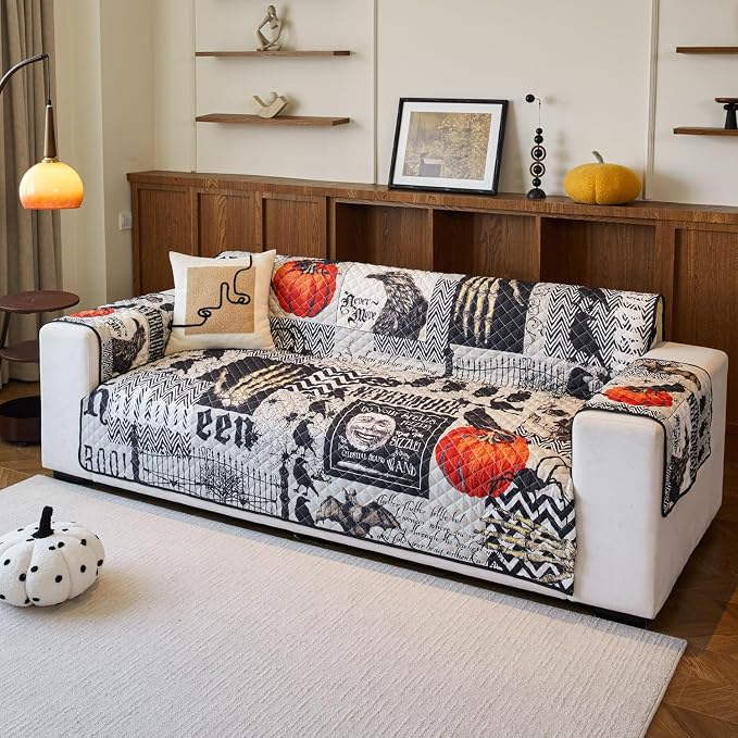 EVENHUG Halloween Sofa Cover for Festival Home Decorations Medium Slipcover Furniture Protector Washable Couch Cover with Non Slip and Elastic Straps for Kids Pets Dogs (Loveseat) - Image 7
