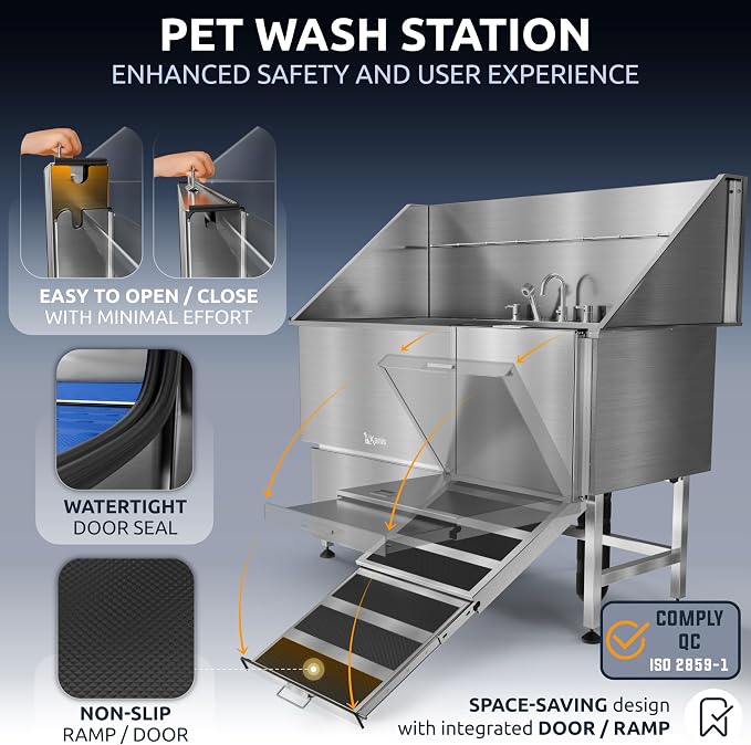 KANIS Professional Dog Washing Station 304 Stainless Steel Pet Wash Sink | Grooming Bathtub w/Shower, Floor Grates and Storage for Large, Medium & Small Pets (Silver, 61 Inches, Right Ramp, 1 Drawer) - Image 4