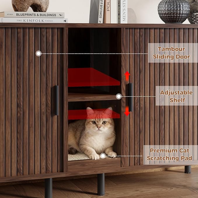 58" Double Cat Litter Box Enclosure, Large Hidden Litter Box Furniture for 2 Cats with Cat Scratch Pad, Mid Century Modern Indoor Cat House with Double Room, TV Stand, Side Table, Walnut - Image 5