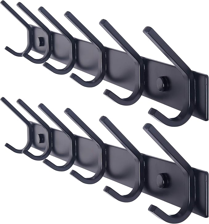 WEBI Coat Rack Wall Mounted,17-1/8 Inch Coat Hooks for Hanging Coats,Heavy Duty Metal Hook Rack Rail with 6 Double Dual Hooks Coat Hanger Wall Mount for Clothes Jacket,Black,2 Packs by WEBI