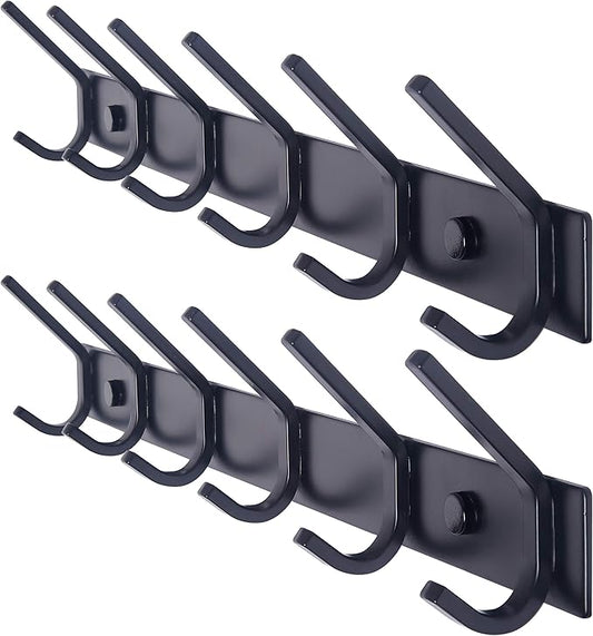 WEBI Coat Rack Wall Mounted,17-1/8 Inch Coat Hooks for Hanging Coats,Heavy Duty Metal Hook Rack Rail with 6 Double Dual Hooks Coat Hanger Wall Mount for Clothes Jacket,Black,2 Packs by WEBI