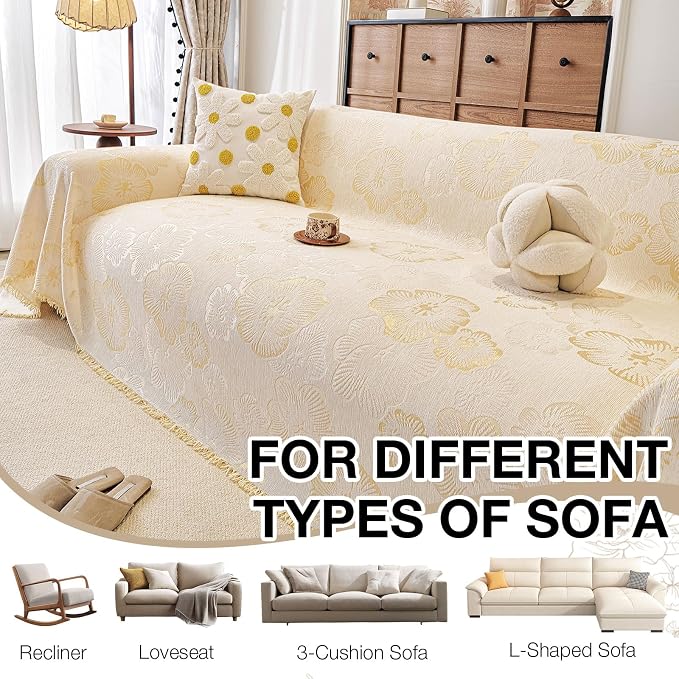 STACYPIK Botanical Floral Sofa Cover for Pets, Boho Jacquard Beige Couch Cover for 3 Cushion Couch, Farmhouse Vintage Couch Cover L Shape for Sectional, Versatile Throw Blanket Living Room-71X150IN - Image 7