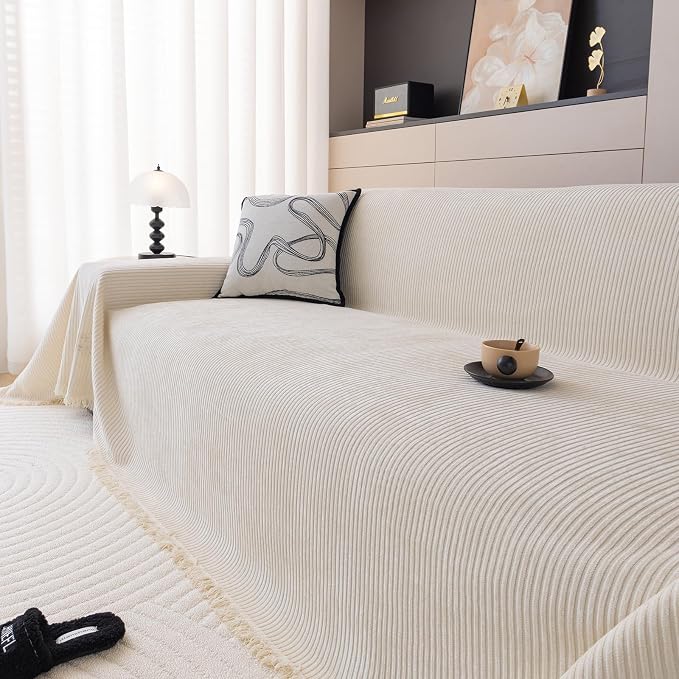 DREAMINGO Modern Minimalist Sofa Covers Washable Pet Furniture Protector Couch Cover for Dogs Cozy Chenille Couch Cover Blanket Stripe Textured Sectional Couch Slipcovers (Large, Cream White) - Image 2