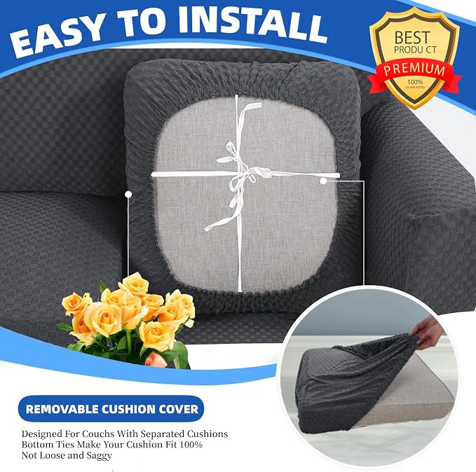YEMYHOM Stretch Individual Cushion Covers Sofa Chair Seat Cushion Slipcovers Soft Couch Cover Replacement Large Checkered Furniture Protector with Elastic Bottom (1 Pc Cushion Cover, Dark Gray) - Image 4