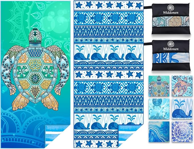 Widdonen Microfiber Beach Towel,Compact 2 Pack-71x32 Inch with Bag Travel | Extra Large,Lightweight,Thin,Sand Free,Quick Dry,Absorbent.Packable for Camping,Swim,Pool,Bath,Picnic,Cruise Essentials Gift by WIDDONEN