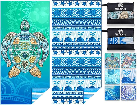 Widdonen Microfiber Beach Towel,Compact 2 Pack-71x32 Inch with Bag Travel | Extra Large,Lightweight,Thin,Sand Free,Quick Dry,Absorbent.Packable for Camping,Swim,Pool,Bath,Picnic,Cruise Essentials Gift by WIDDONEN