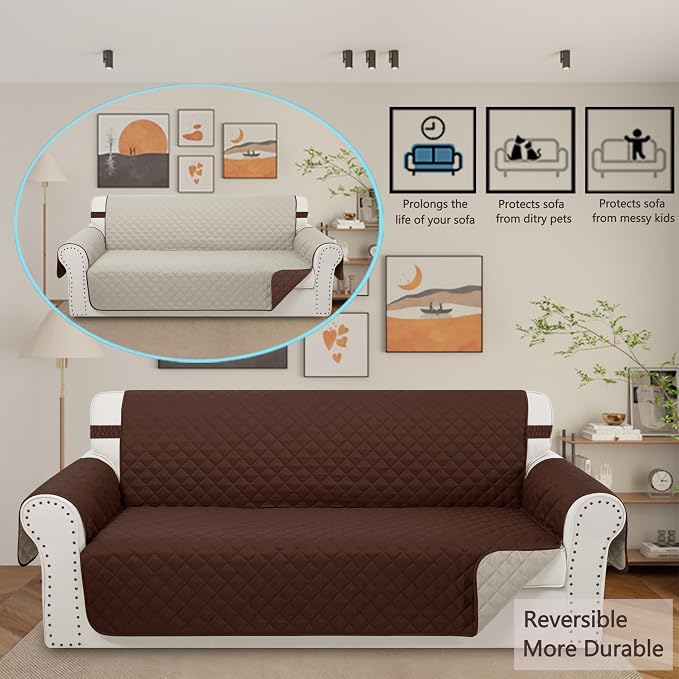 Reversible Couch Cover for 3 Cushion, Sofa, Brown/Beige | Couch Cover for Sofa, Pet Friendly Water Repellent Couch Sofa Cover, Washable Furniture Protector with Elastic Straps - Image 2