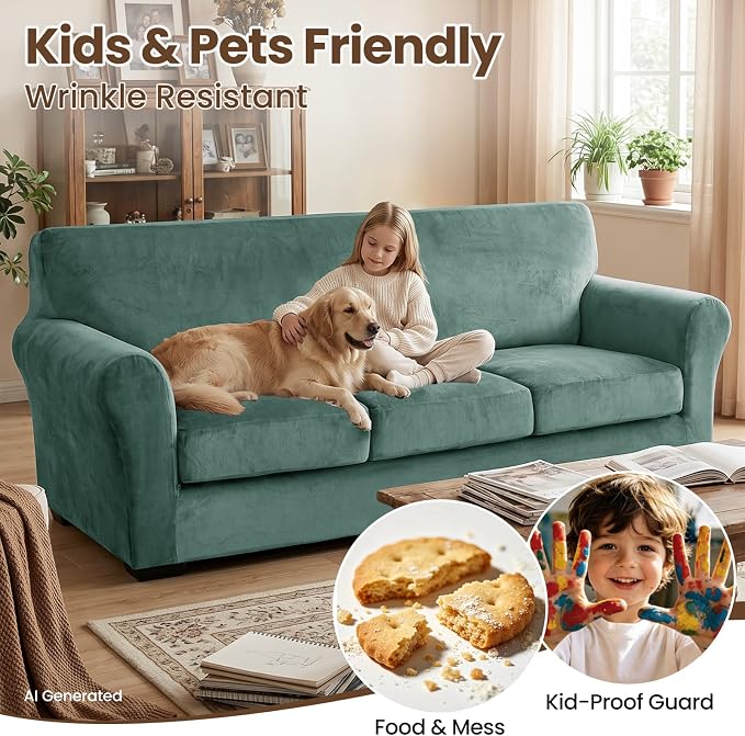 XINEAGE 4-Piece Velvet Oversize Sofa Cover,Couch Covers for Dog,Light Green | 3 Cushion Large Sofa,Stretch Non-slip Elastic, Pet-friendly, Washable, Fast Setup, Soft Plush Fabric, Furniture Protector. - Image 6