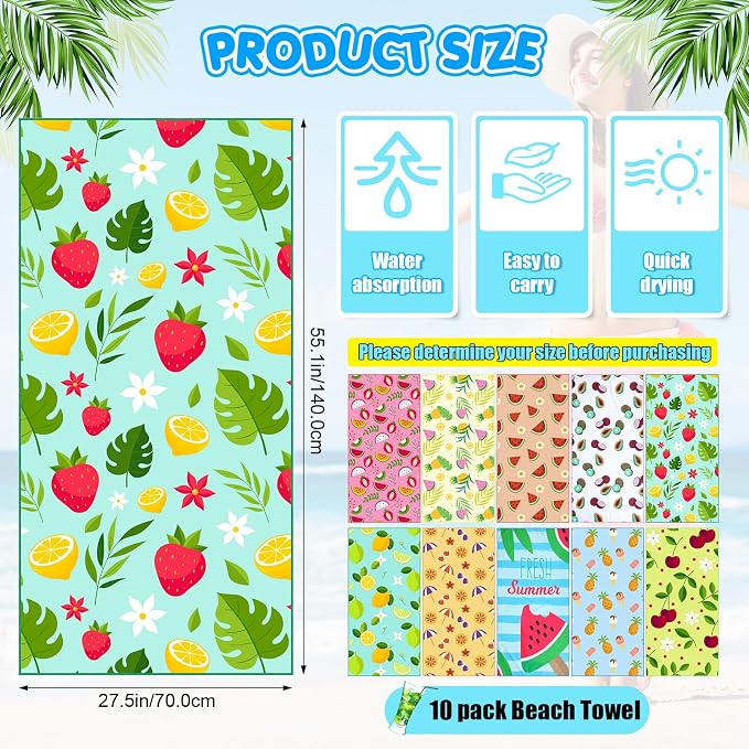 FuWeave 10 Pack Microfiber Beach Towel 28 x 55 Inch Oversized Large Quick Dry Thin Beach Towels for Pool Camping, Sand Free Lightweight Blanket for Women Adults Travel Swimming Sport (Fruits Style) - Image 2