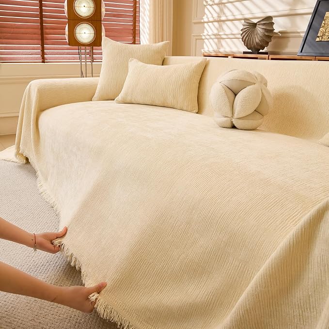 Beige Chenille Couch Cover Washable XX-Large 3-4 Cushion Sofa Covers | Super Soft & Thick, Anti-slip, Wear & Tear Resistant, Multifunctional Furniture Protector Cover, Tassel Design, 71"x150" - Image 4